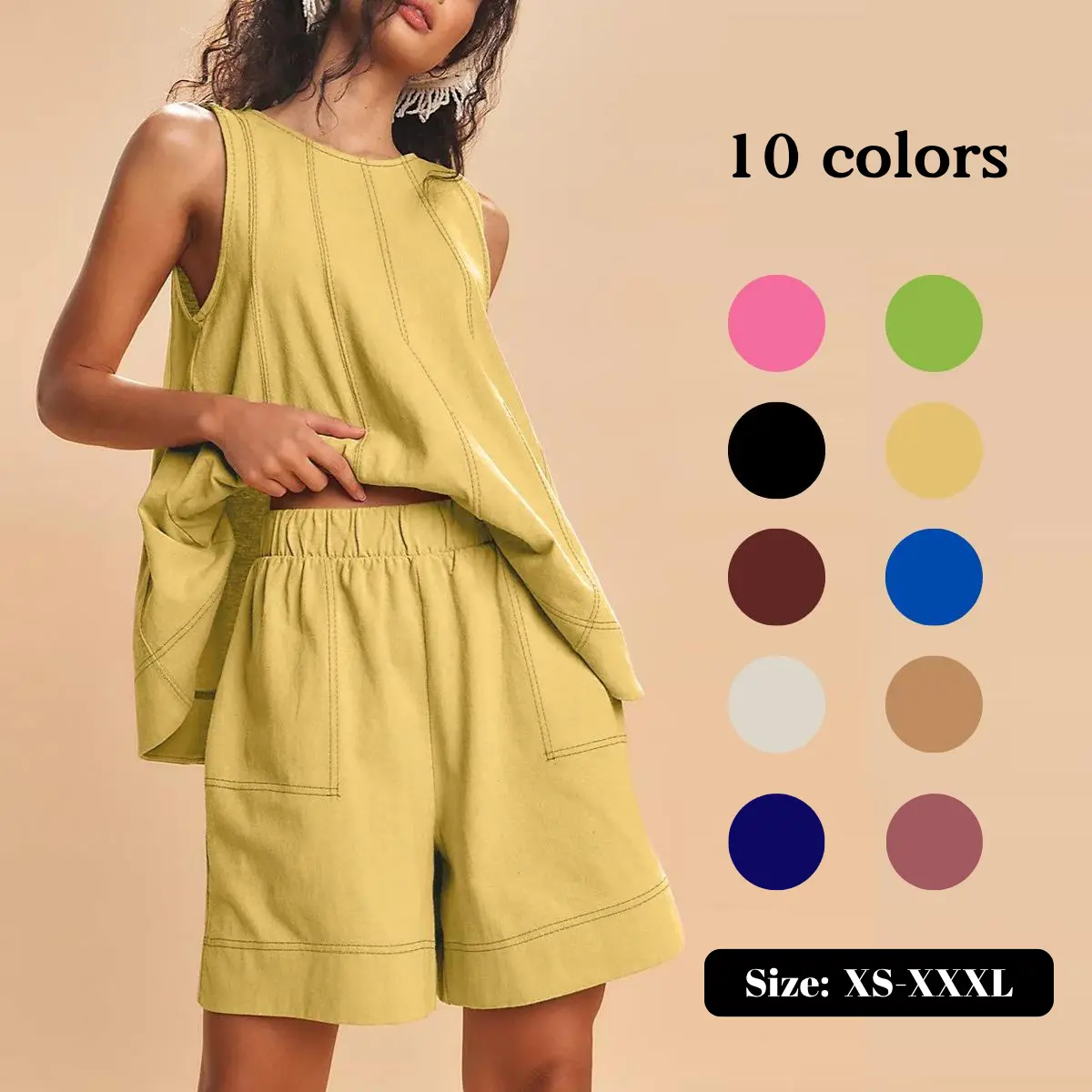 SCUSTY Women's Two Piece Outfit Cotton Matching Set  A-Line Sleeveless Tank Tops and High-Waist Shorts with Pockets