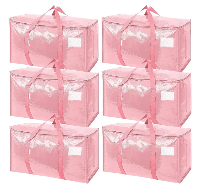 6-Pack Pink Moving Storage Bags with Zipper, Carry Handles and Label Pockets for Clothes, Bedding, Dorm, Travel and Home Organization
