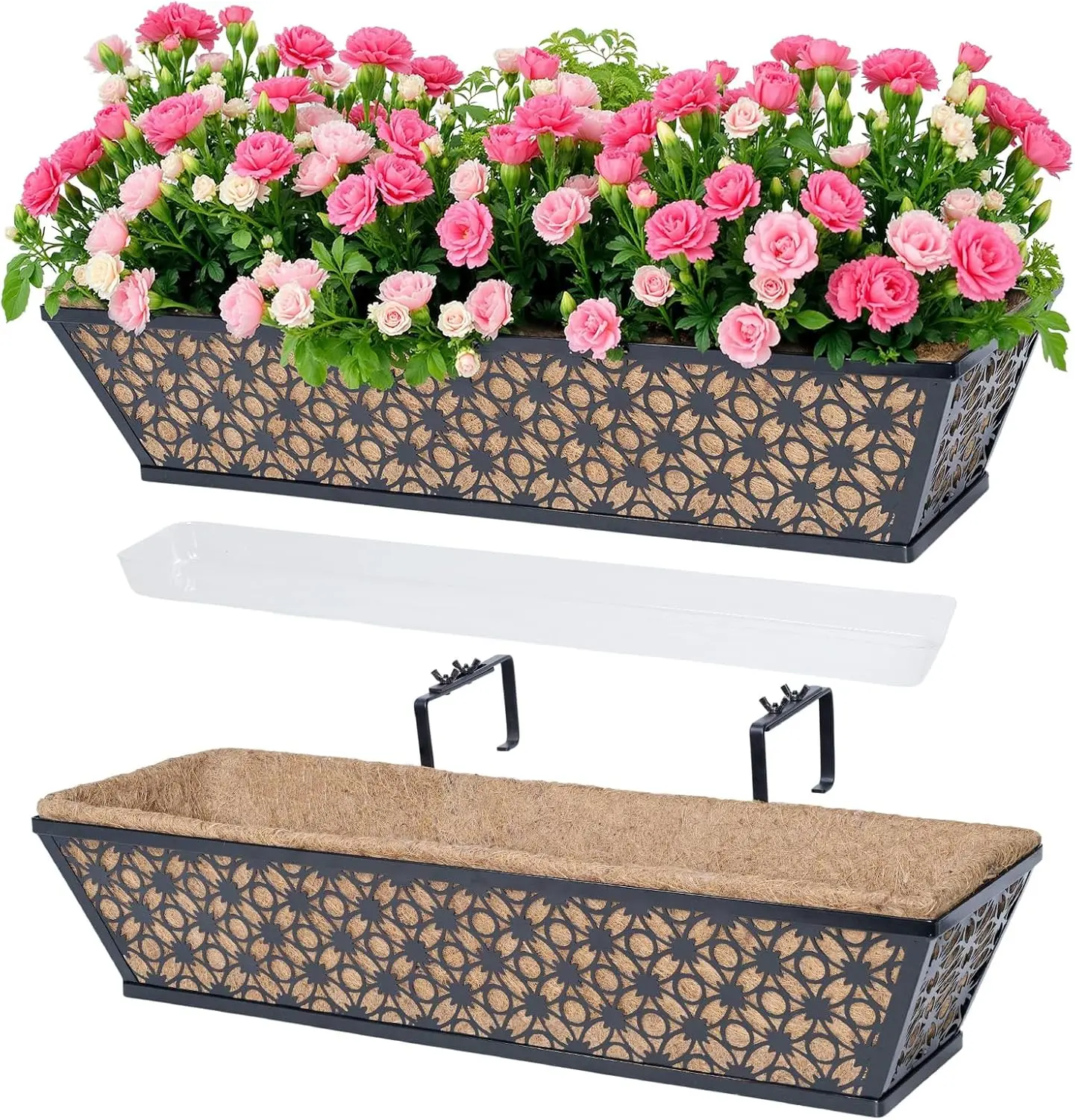 Railing Planter Box, Window Planter Boxes Outdoor 2 Pack 24 Inch Hanging Planter with Adjustable Bracket for Porch, Fence Flower Baskets with Coco Liners, Planters For Railing
