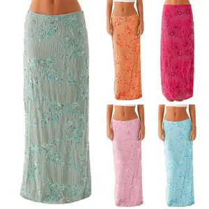 Summer Skirts For Women Casual Elegant Sequin Floral Embroidery Long Skirt For Beach Vacation Club Streetwear