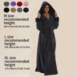 Elegant Solid Color Hooded Coral Fleece Bathrobe, Thickened Long Sleeve, Fall Winter Warm Home Wear, with Pockets and Belt