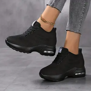 Women's Mesh Sneakers With Hidden Heel, Air Cushion Platform Casual Walking Shoes, Lace-up Sports Sneakers