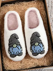 Soft Plush Christmas Slippers, Creative Embroidered Santa Claus Gnome Elf Design, Cozy Warm Indoor Outdoor Anti Slip Slippers Shoes for Men Women Fall Winter