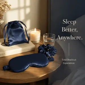 Unisex 2-Piece Polyester Satin Eye Mask & Scrunchie Set, Light-Blocking, Wrinkle-Reducing, with Adjustable Strap and Soft Drawstring Bag