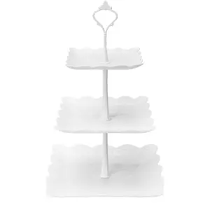 3 Tier Cupcake Stand, Plastic Tiered Serving Stand, Square Dessert Tray for Tea Party, Baby Shower and Wedding (Pure White) Ornaments Decor