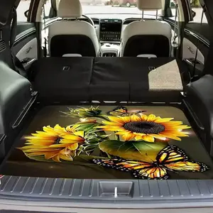 1 Piece Bright Sunflower and Butterfly Pattern Polyester Car Trunk Mat - Soft, Machine-Washable SUV Trunk Liner, Easy-to-Clean and Durable Car Accessory, Suitable for Sedans, Trucks, and SUV Interior Protection
