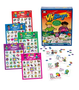 Ask & Answer 'Wh' Bingo – Fun Educational Game for Kids to Learn Who, What, When, Where, Why Questions – 36 Laminated Bingo Boards, 144 'Wh' Calling Cards, 200 Bingo Chips – Perfect for Home, School, or On-the-Go Learning!