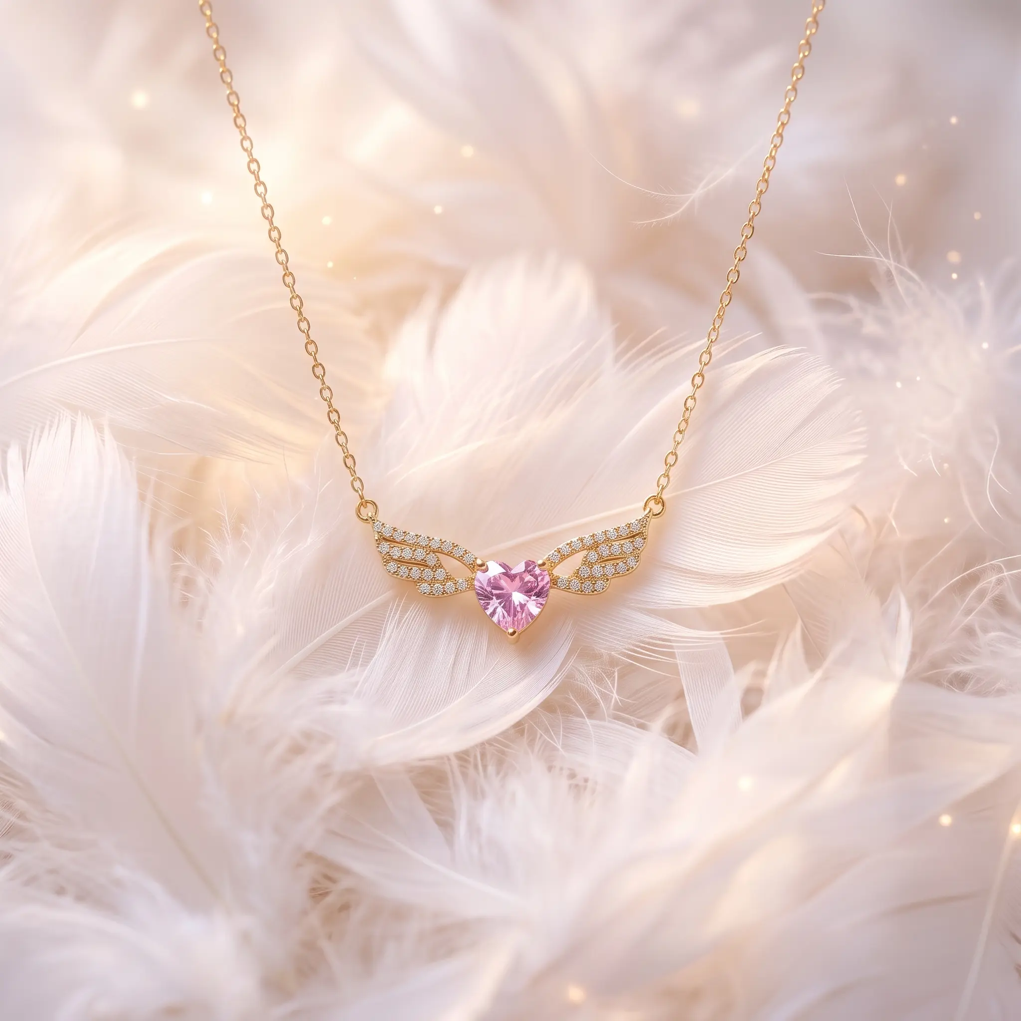 Guardian Angel Wings Protection Necklace for Women, Non-allergic Stainless Steel Chain, Gold Tone Cubic Zirconia Inlaid Pink Heart Pendant, Meaningful Anniversary Jewelry Gift