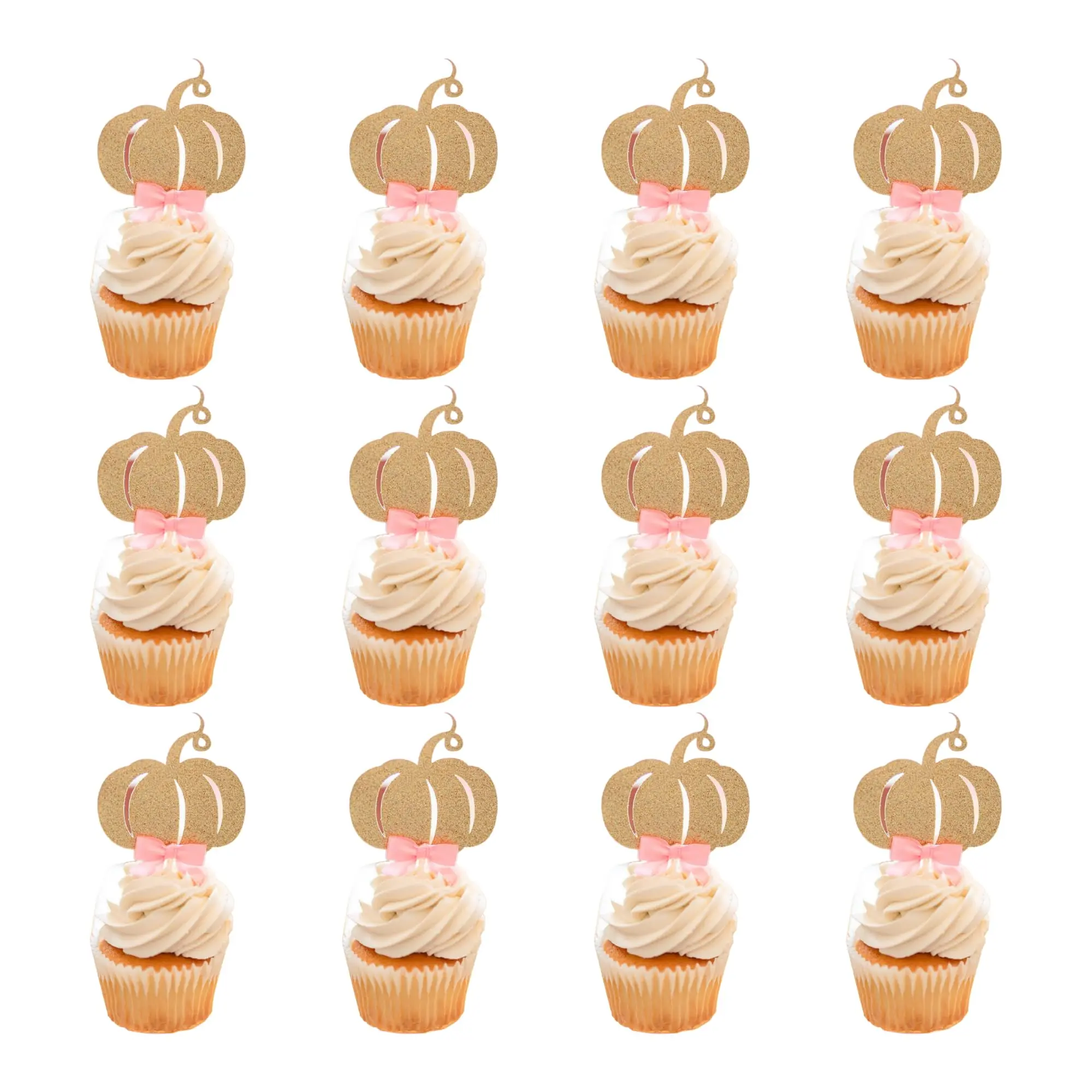 Gold Glitter Pumpkin Cupcake Toppers for Baby Shower and First Birthday Parties, Little Pumpkin Party Decorations with Bow, Set of 12