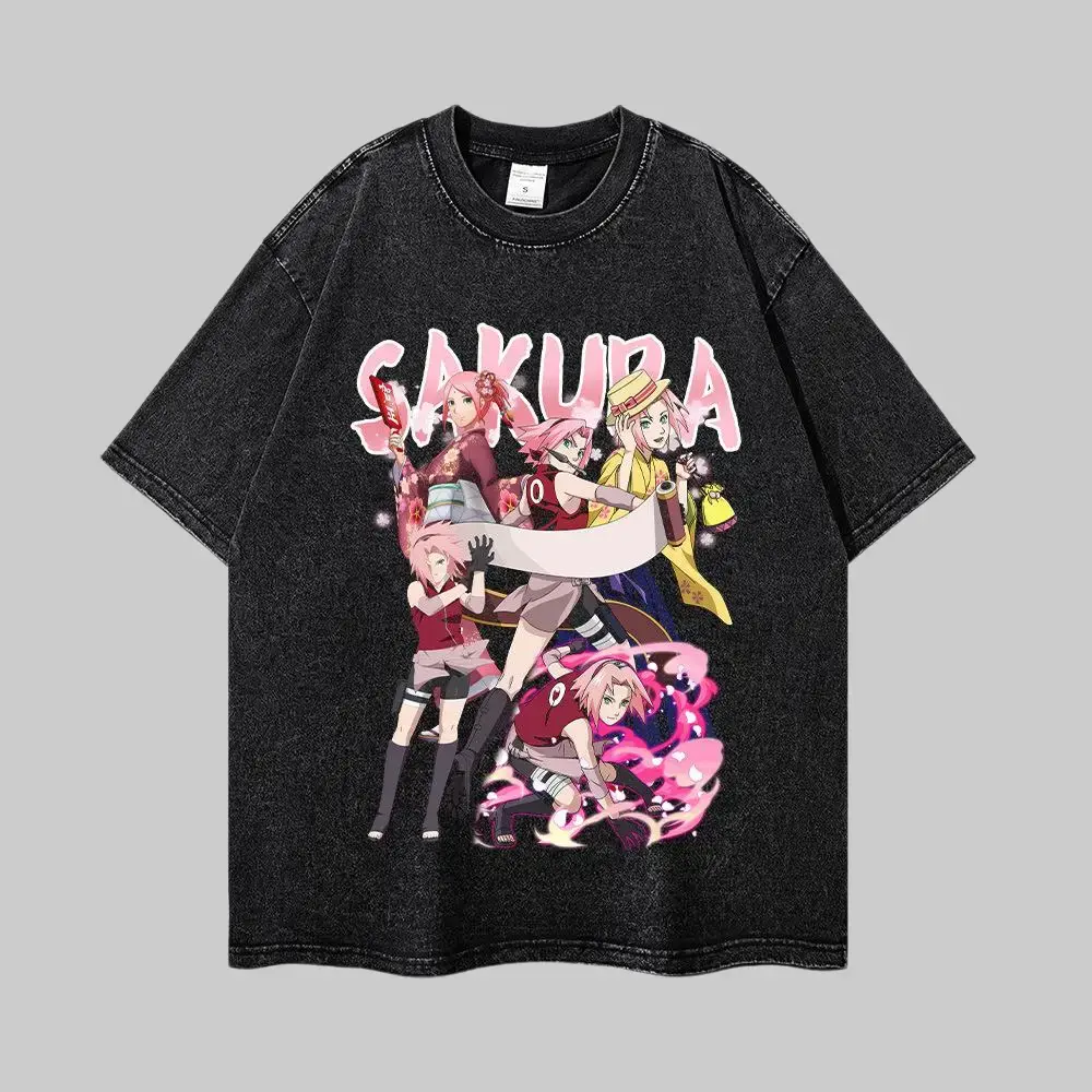 Men's Naruto Sakura Haruno Cherry Collage Vintage Washed Graphic T-Shirt - Premium Cotton, Casual Oversized Short-Sleeve Anime Streetwear Menswear Top, Round Neck, Soft, All Season Tee