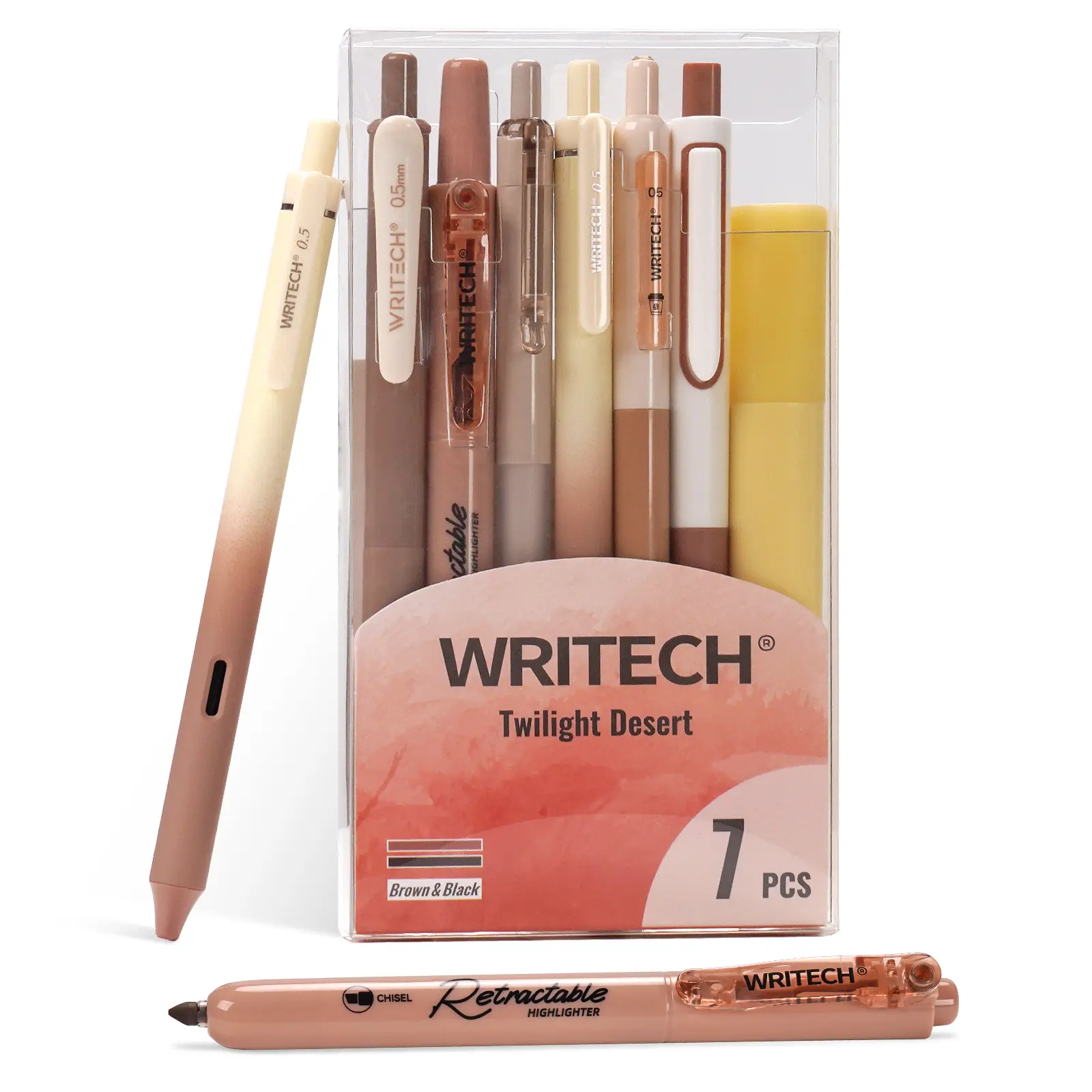 WRITECH Brown Gel Pens Journaling Highlighters Set - 7pc Aesthetic Assorted Pastel Colors Ink 0.5mm Fine Point Retractable 0.7mm Black Pen