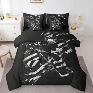 7 Pcs Comforter Set,Hockey Player Sports Bed in a Bag,American Flag Ball Game Bedding Set,Black Gray