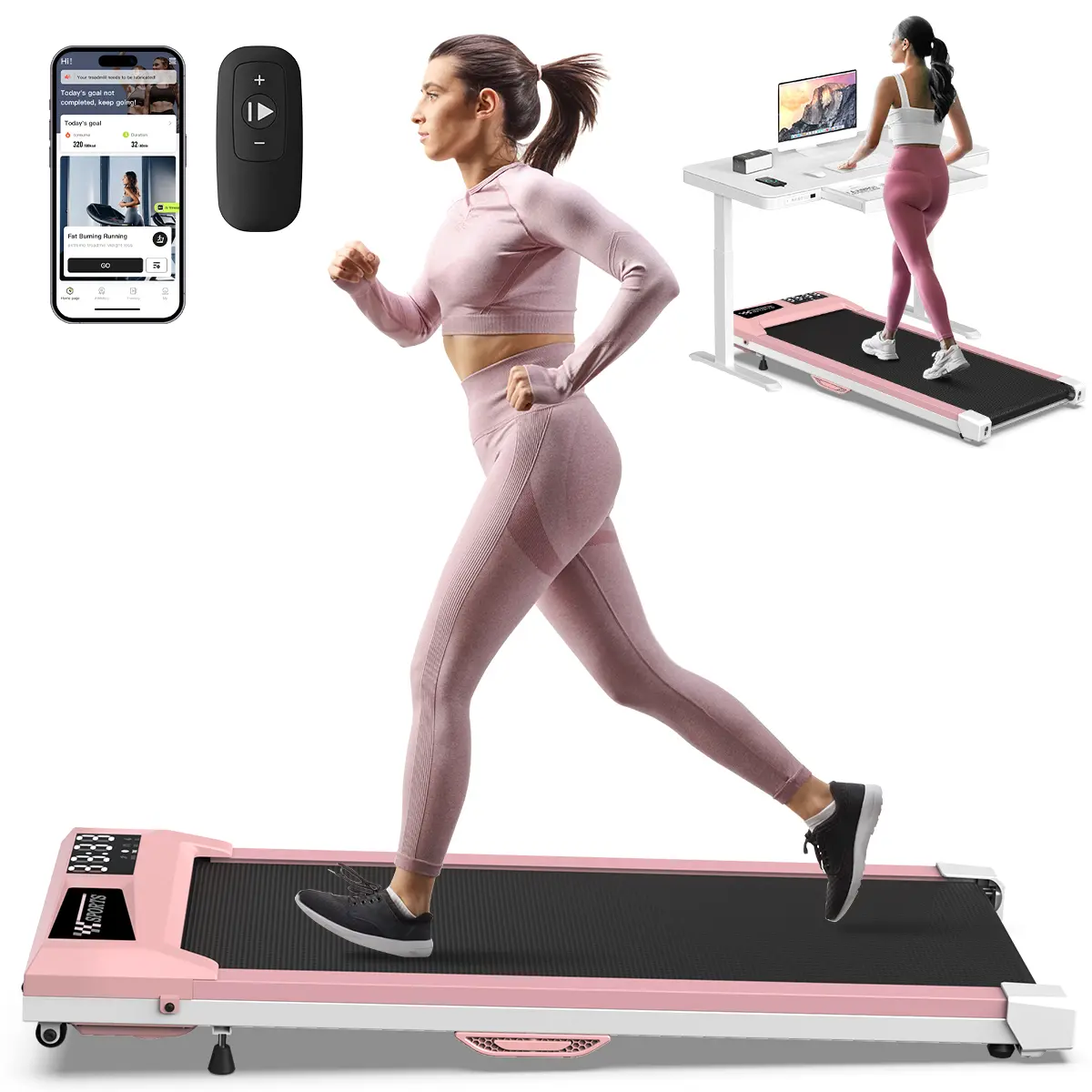 【POPFIT】Pink Walking Pad Treadmills With 6% Incline Fitness Machines Under Desk Treadmill 300lbs Capacity Voice Controlled Smart Treadmill Works with ZWIFT Apple Health Sturdy Portable Treadmill for Apartment Easy to Move Store Black treadmills