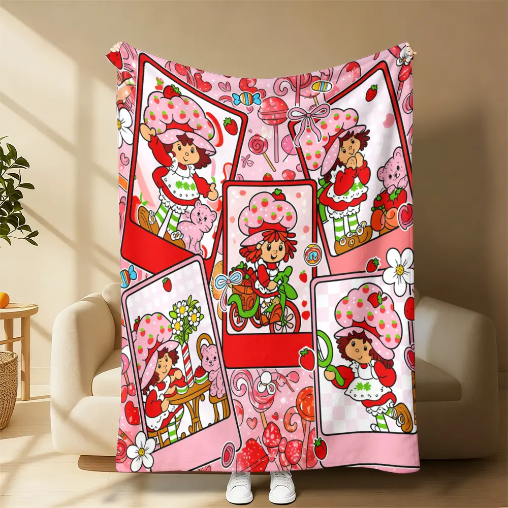 Strawberry Shortcake Flannel Fabric Throw Blanket - Cartoon Print Sweet Girl & Cat Design, Soft Lightweight, Sofa Snuggle Ready, Child’s Room Decor, 4-Season Nostalgic Fan Gift for Fans, Friends, Strawberry Shortcake Blankets, All Seasons