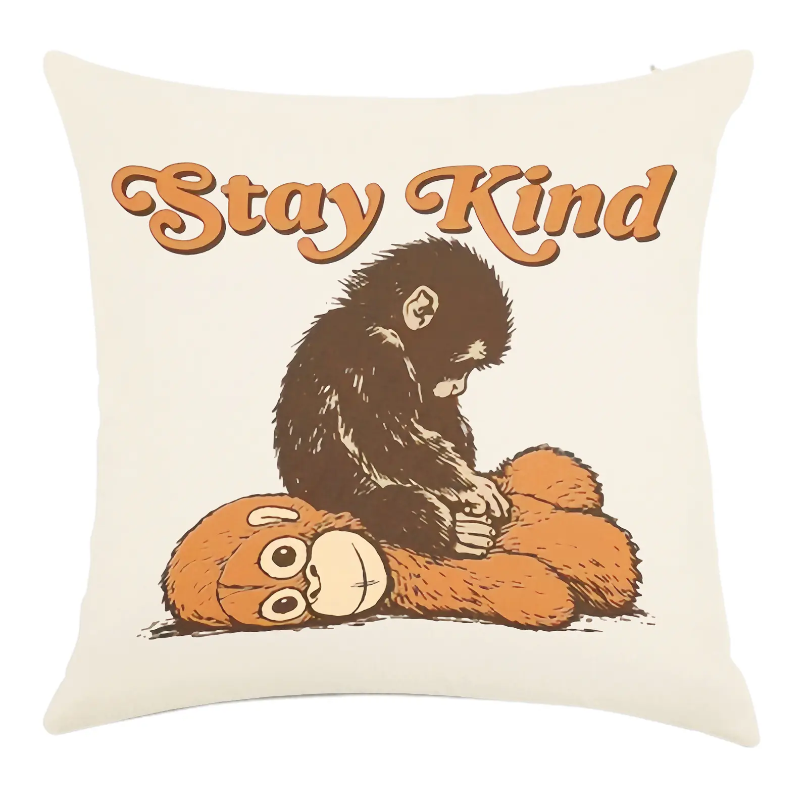 Punch Monkey "Stay Kind" Vintage Monkey Hugging Throw Pillowcase,Emotional Support Animal Lover Gift,Cute Monkey & Plush Toy Print Cushion Case Cover Throw Pillow Single-sided printing Linen Material ,no pillow insert,Bedroom Sofa Decorations.