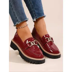 Women's Loafers - 2025 New Style for Spring & Autumn, with Metal Buckle, Patent Leather, British Style Leather Shoes, Chain Decorated Loafers