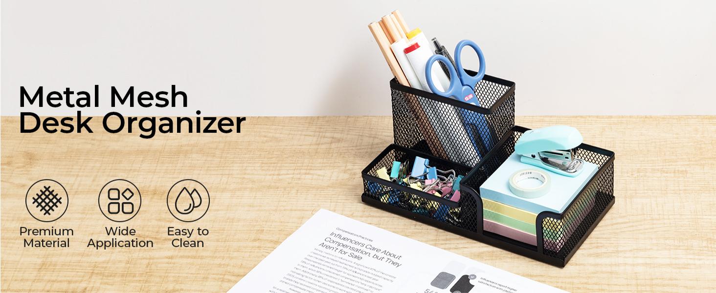 Mesh Pen Holder with Three Compartments & Sticky Notes Holder Durable Metal Desk Organizer for Office School Home