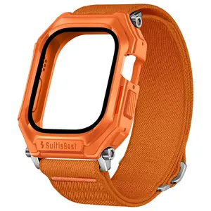 2-in-1 Case with Band for Apple Watch Ultra 49mm 46mm 45mm 44mm, Stretchy Nylon Solo Loop with Protective Cover TPU Bumper for iWatch Ultra Series 11 10 9 8 7 6 5 4 SE