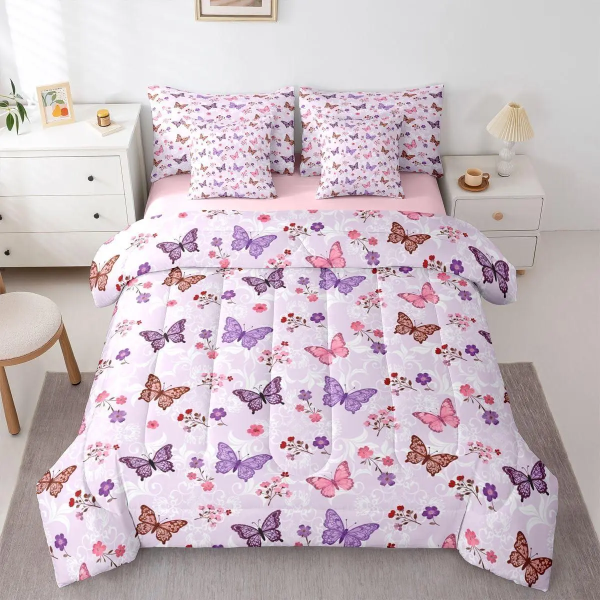 Butterfly Floral 7 Piece Comforter Set,Pink Purple Butterflies Bedding Set for Girls Kids Boho Paisley Flower Sheets with Comforter Garden Cottagecore Duvet Insert All Season