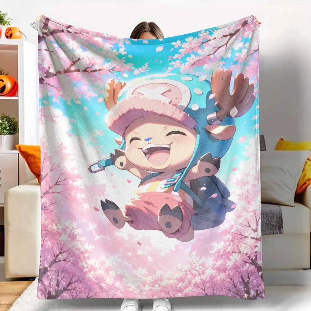 Cute Reindeer Cartoon Flannel Blanket Sakura Blossom Print Soft Cozy Lightweight Warm Fuzzy Throw Blanket Perfect for Bedroom Living Room Sofa Office Gift Decor Relaxation Spring Season