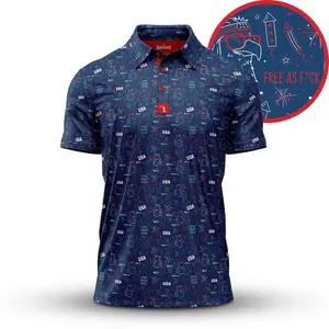 [Ship From US] USA Patriotic Golf Polo Shirt for Men – American Flag Fireworks All Over Print Casual Polo Tee, 4th of July Independence Day Summer Shirt, Red White Blue USA Party Golfwear for Vacation, BBQ & Everyday Fashion