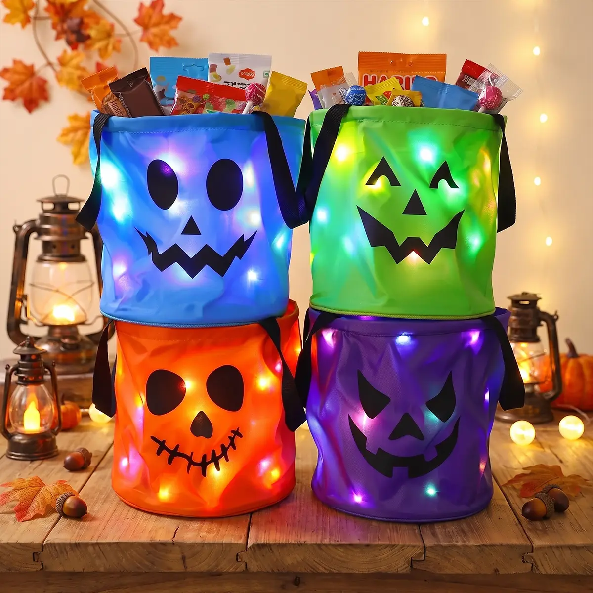 1/4 Pack Halloween Trick or Treat Candy Bags LED Light Up Pumpkin Bucket, Collapsible Reusable Candy Basket, Fabric Gift Goody Bags for Kids Halloween Party (Orange/Purple/Blue/Green)