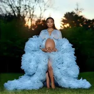 Maternity Dress for Photo Shoot, Tulle Maternity Gown, Baby Shower Photoshoot Dress, Boho Maternity Gown, Wedding Guest Dress, Gift for Her Womenswear Elegant Blue Long Sleeve Ruffle Vneck Comfort Basic Minimalist
