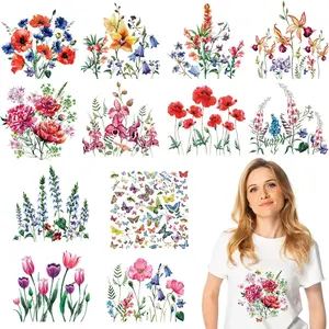 12 Sheets Flower Iron on Decals Watercolor Transfers for Clothing, Flower Heat Transfer Stickers, Appliques for T-Shirts Jackets DIY Art Decor