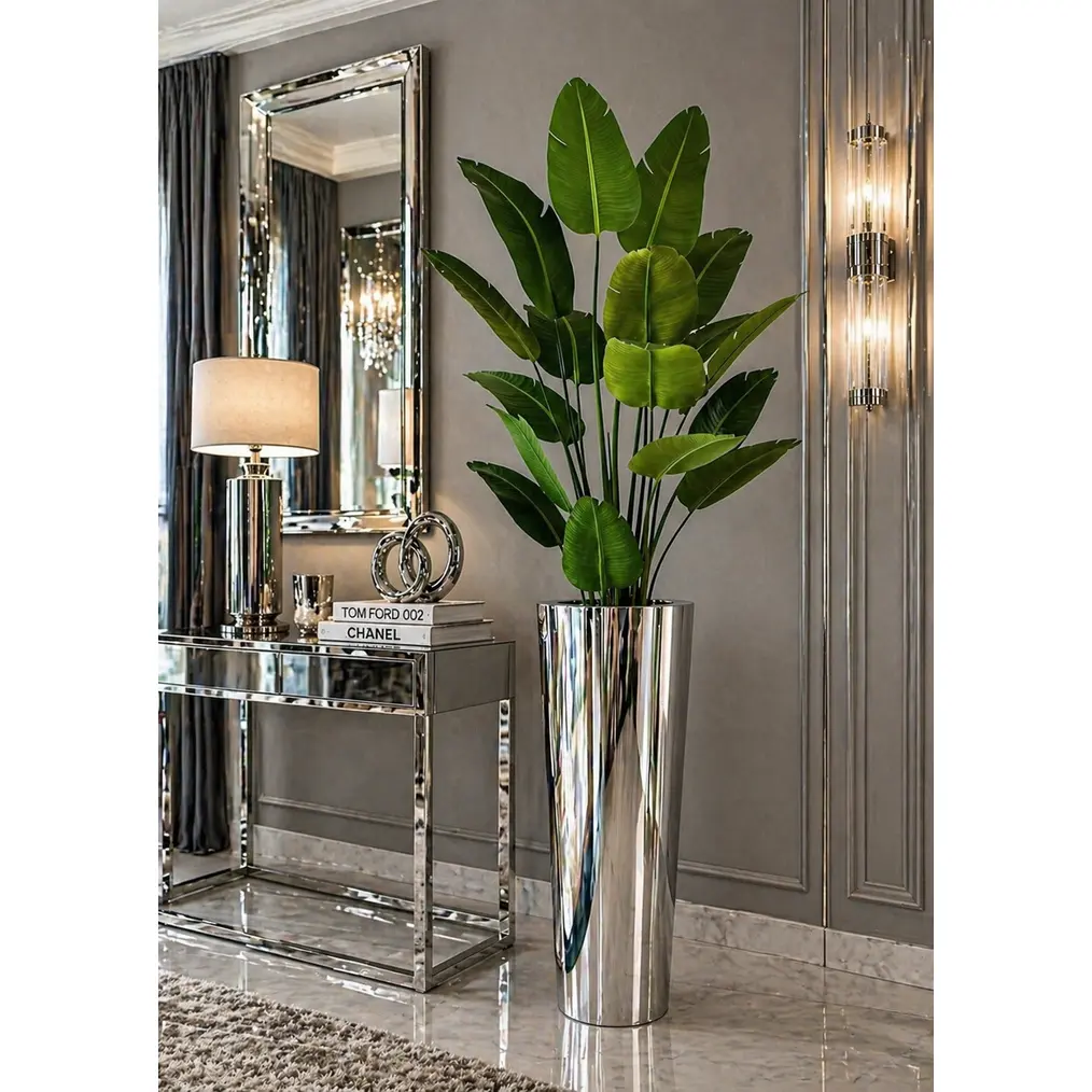 Luxury Silver Medium Flower Vase – Modern Tall Metal Planter | Red Diamond Furniture Store