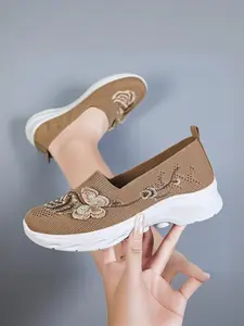 Women's New Multi-Color Breathable Mesh Embroidered Flower Sneakers, Soft Sole Anti-Slip Slip-On Comfort Walking Shoes, All Season Flat Sports Shoes
