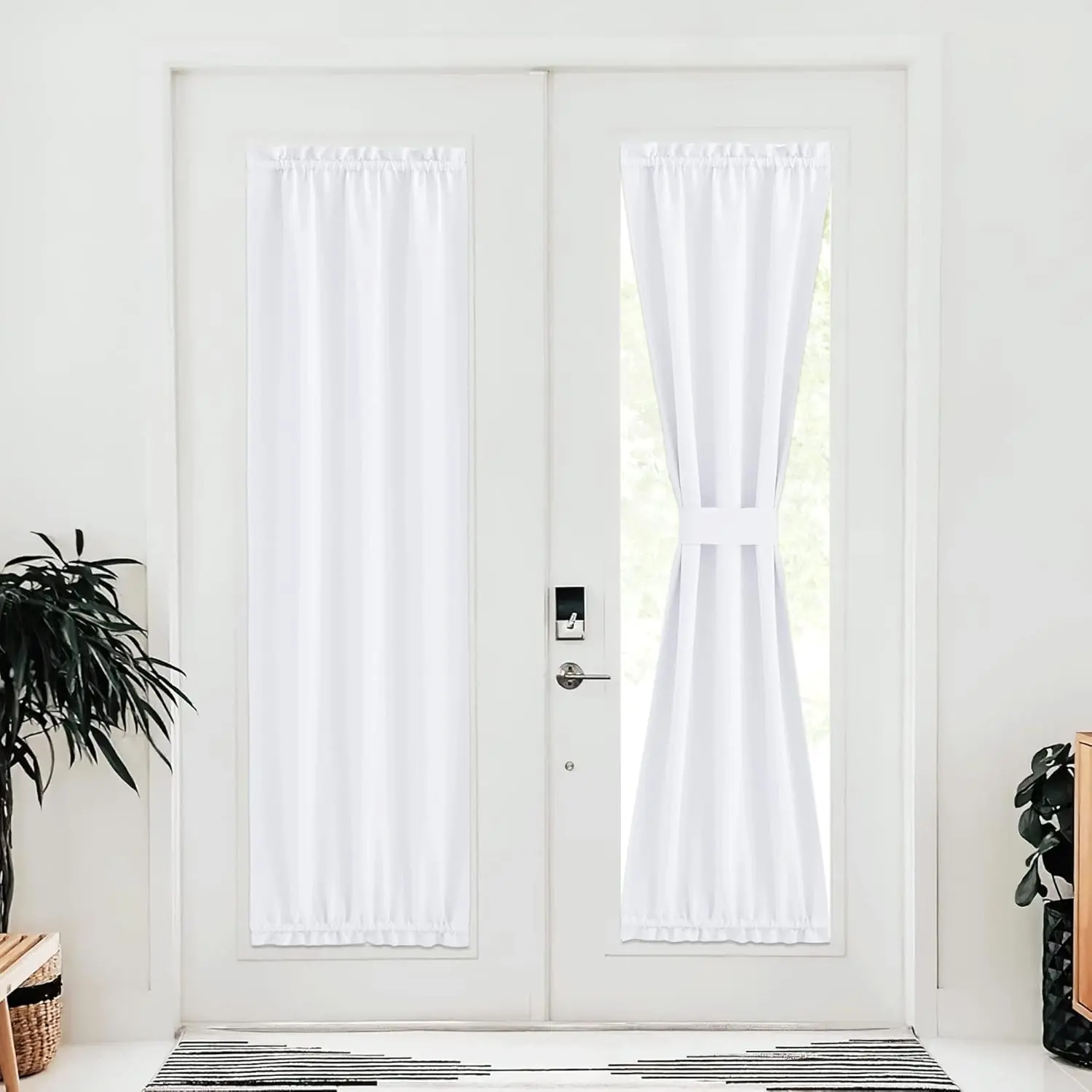 NICETOWN 1-Panel Room Darkening Solid Color Curtain for French Doors, Small Window Sidelight & Glass Front Door, 25W x 80L in Pure White, Blackout Film Curtains, Do Not Bleach, Darkening Curtains