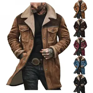 SORABOLMens Western Cowboy Jacket Vintage Suede Jacket Long Trench Coats Zip Up Plush Collar Cowboy Peacoat Retro Tops Casual Menswear Fathersdaygift Soft Fleece Hoodie Jacket Western Clothing Jackets Letterman Ffa Jacket Western Clothing Windbreakers