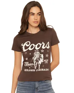 Coors Women's Rhinestone Stars Cowboy Short Sleeve Oversized Graphic Tee - 47-469-349
