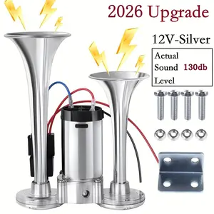 2026 Upgraded 12V 130DB Air Horn Dual Horn, Horn Kit with Air Compressor,Dual Electric Air Horns Kit with Compressor for Vehicles Trucks Pickup Trains Lorrys SUVs Cars Boats (12V SilverBlack) Alarm for Home Security,