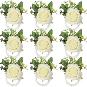 12 Pcs Rose Wrist Corsage Bracelets Wedding Bridal Wrist Artificial Flower Wristband Flower Hand Decor for Bride Bridesmaid Homecoming Prom Party Decor(White Elegant)