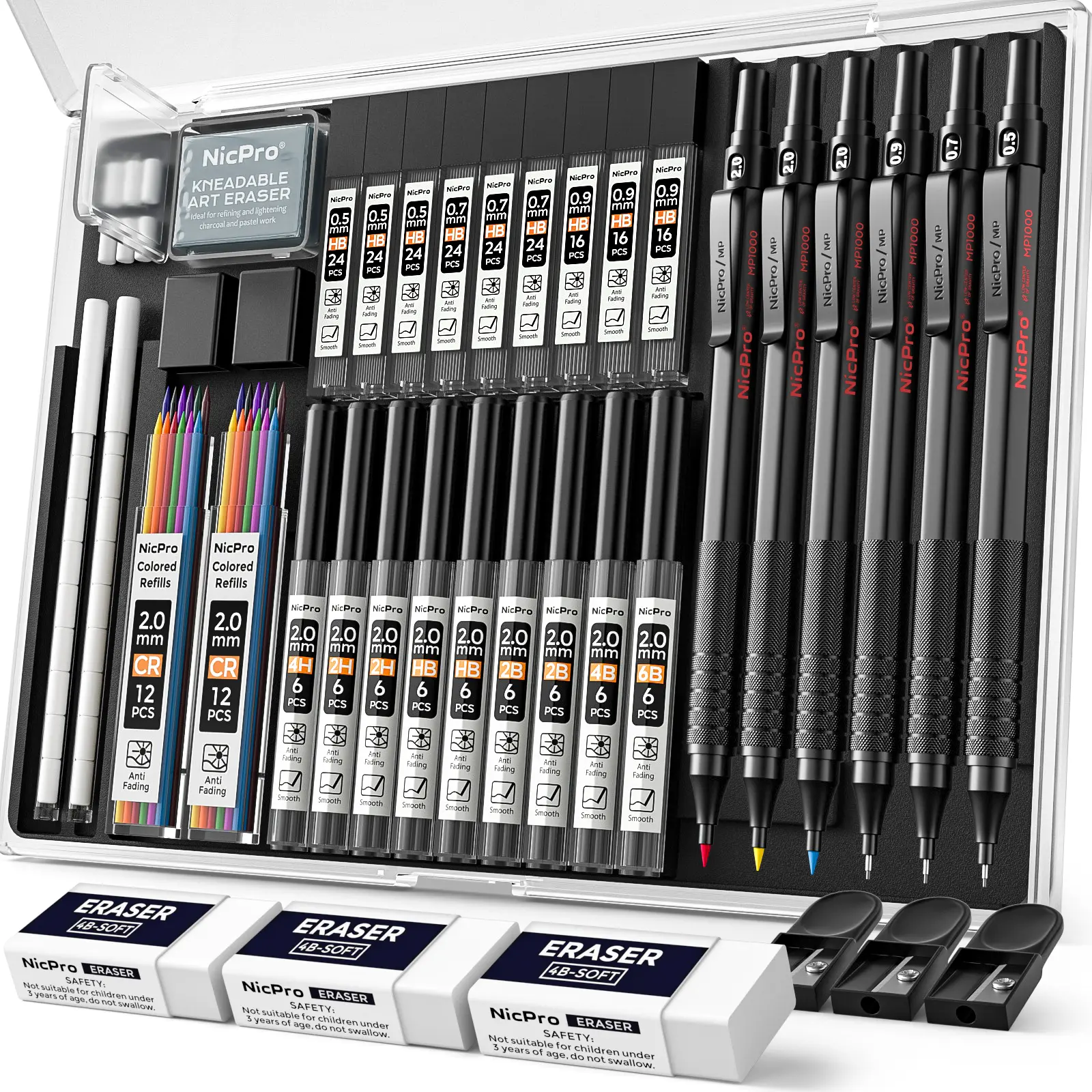 Nicpro 35-Pack Full-Metal Mechanical Drawing Pencils Set with Case, 0.5/0.7/0.9mm Art Pencils, 3-Pack 2mm Graphite Lead Holders, 20 Tube Refills (6B/4B/2B/HB/2H/4H) for School & Office Stationery, 0.5Mm