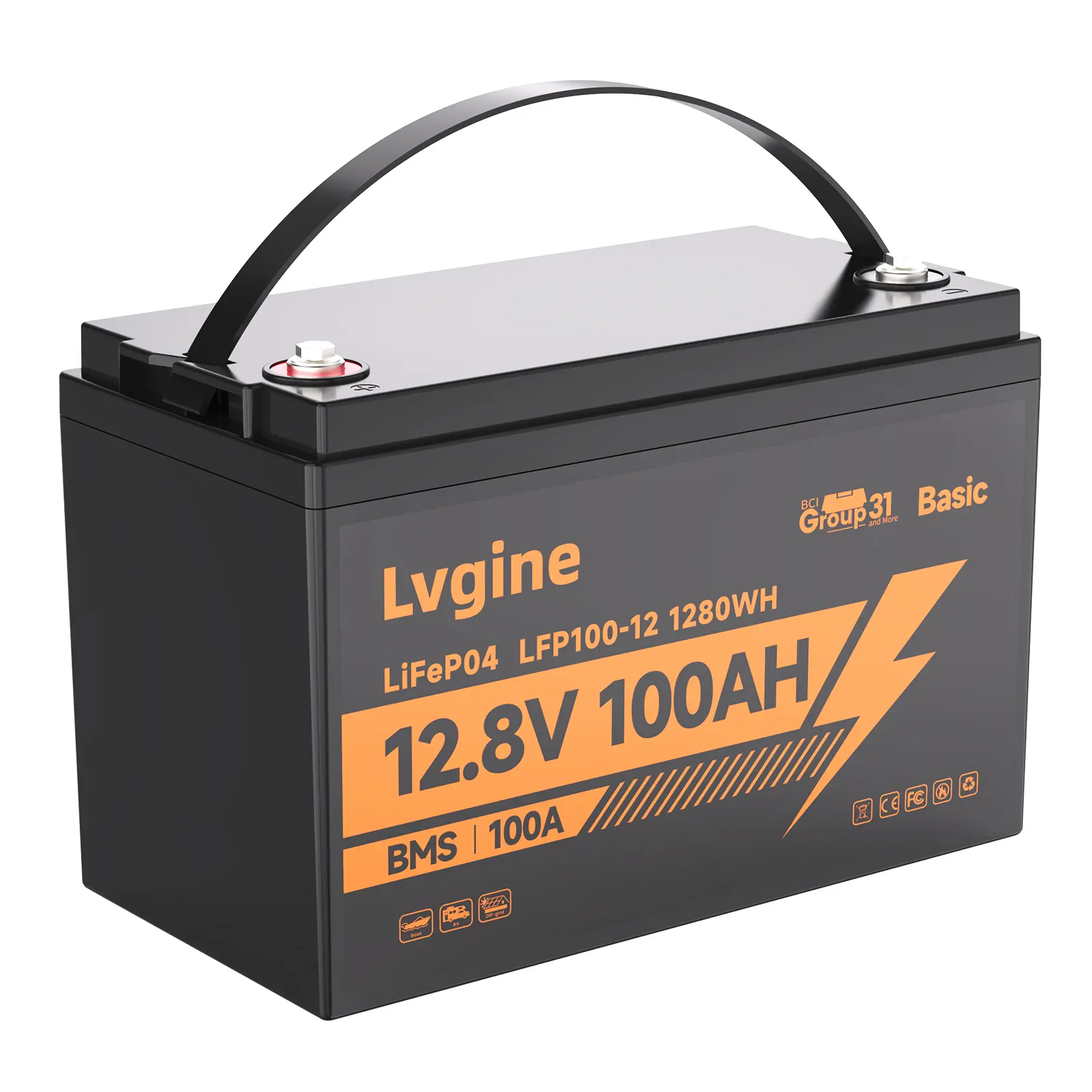 12V/24V/48V 100Ah Deep Cycle LiFePO4 Car Battery with Smart BMS Control, 1280Wh CE Certified Solar Powered DC Power Supply for RV, Backup Systems