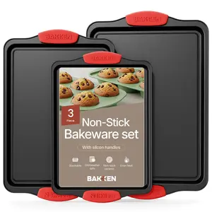 Baking Pan Set – 3 Piece Cookie Sheet – Deluxe Black Non-Stick Carbon Steel – Silicone Handles – Commercial Grade Restaurant Quality – PFOA PFOS and PTFE Free by Bakken