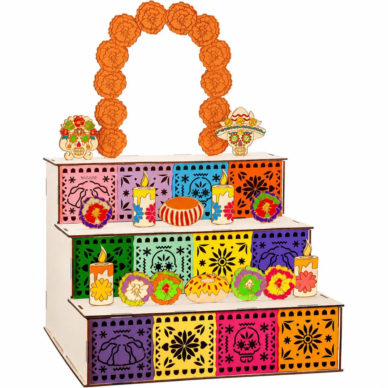 Colorful variant of three tier Day of the Dead wooden altar
