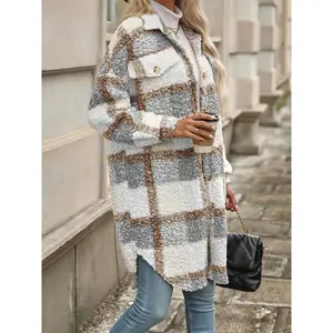 Long Sleeve Long Length Plaid Pattern Fuzzy Thermal Jacket, Casual Button Front Collar Coat for Fall & Winter, Women's Clothing