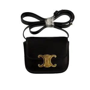 Pre-owned Leather Mini Bags Celine Mini Besace Triomphe Bag Black Shiny Calfskin Gold Hardware