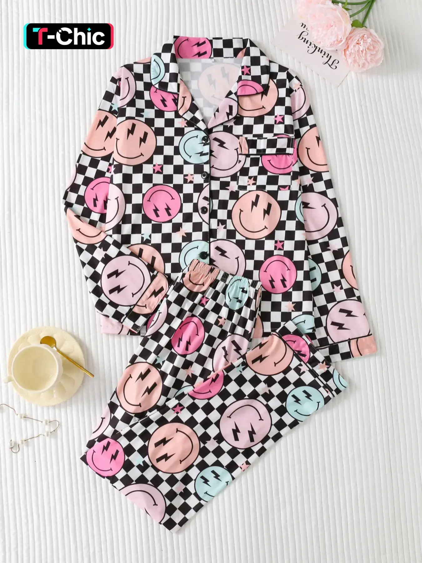 Women's Christmas Plaid Smiley Face Print Pajama Set Pjs, Lady Womenswear Lightweight Knitted Button-Up Long Sleeve Top & Pants, Casual Fitted Sleepwear Loungewear, Pajamas Sets