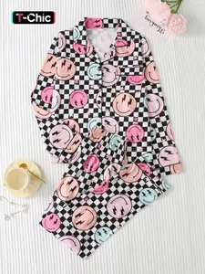 Women's Christmas Plaid Smiley Face Print Pajama Set Pjs, Womenswear Lightweight Knitted Button-Up Long Sleeve Top & Pants, Casual Fitted Sleepwear Loungewear