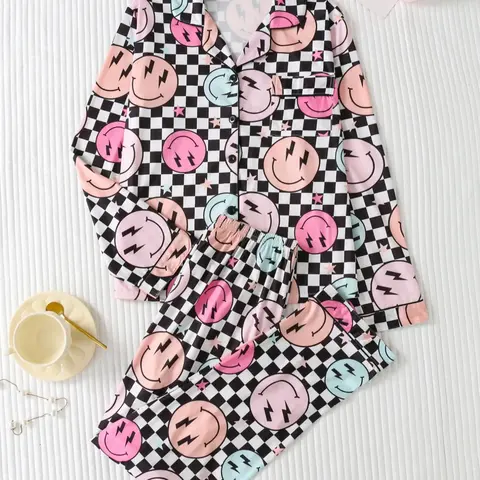 Women's Christmas Plaid Smiley Face Print Pajama Set Pjs, Lady Womenswear Lightweight Knitted Button-Up Long Sleeve Top & Pants, Casual Fitted Sleepwear Loungewear, Pajamas Sets