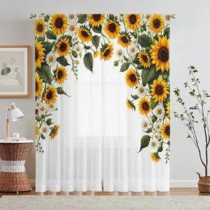 2 Piece Set HD Digital Window Curtain Home Decoration Curtain Screen Printing Simulation, Background with Sunflower Daisy Leaf Pattern, Bright Happy Colors