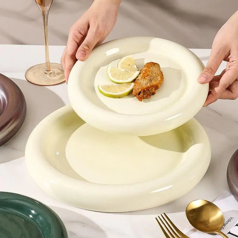 Nordic Style Decorative Glazed Ceramic Round Deep Plate - Thickened Minimalist Modern Multi-Dish Plate, Microwave & Dishwasher Safe for Steak, Pasta, Home Kitchen Restaurant Use, Decorative Ceramic Plates, Glazed Ceramic Plates
