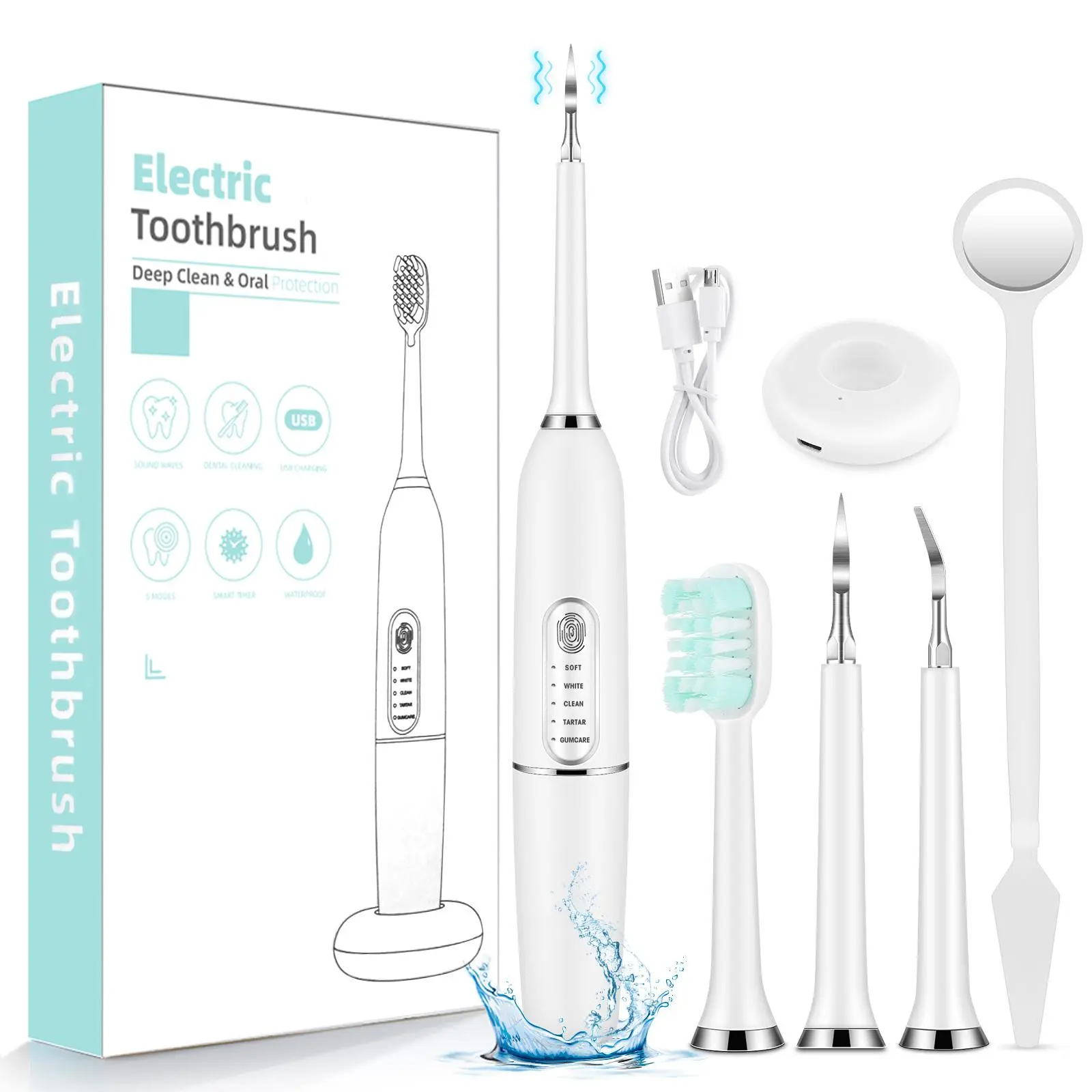 Electric Toothbrush Set, 1 Set 5 Modes Rechargeable Deep Cleansing Toothbrush with Replacement Brush Heads, Oral Care Product for Adults Teeth Cleaning Tool