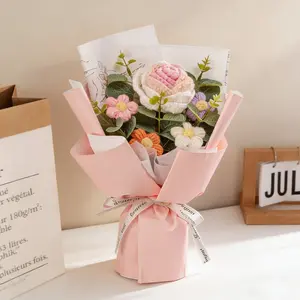 Handmade Knitted Crochet Flower Bouquet, 1 Bunch Artificial Flowers for Home Decor, Parties, Weddings & Anniversaries Perfect Valentine’s Day, Birthday, Mother’s Day, Father’s Day & Thanksgiving Gift, Decorative Artificial Flower Set (without ledlights)