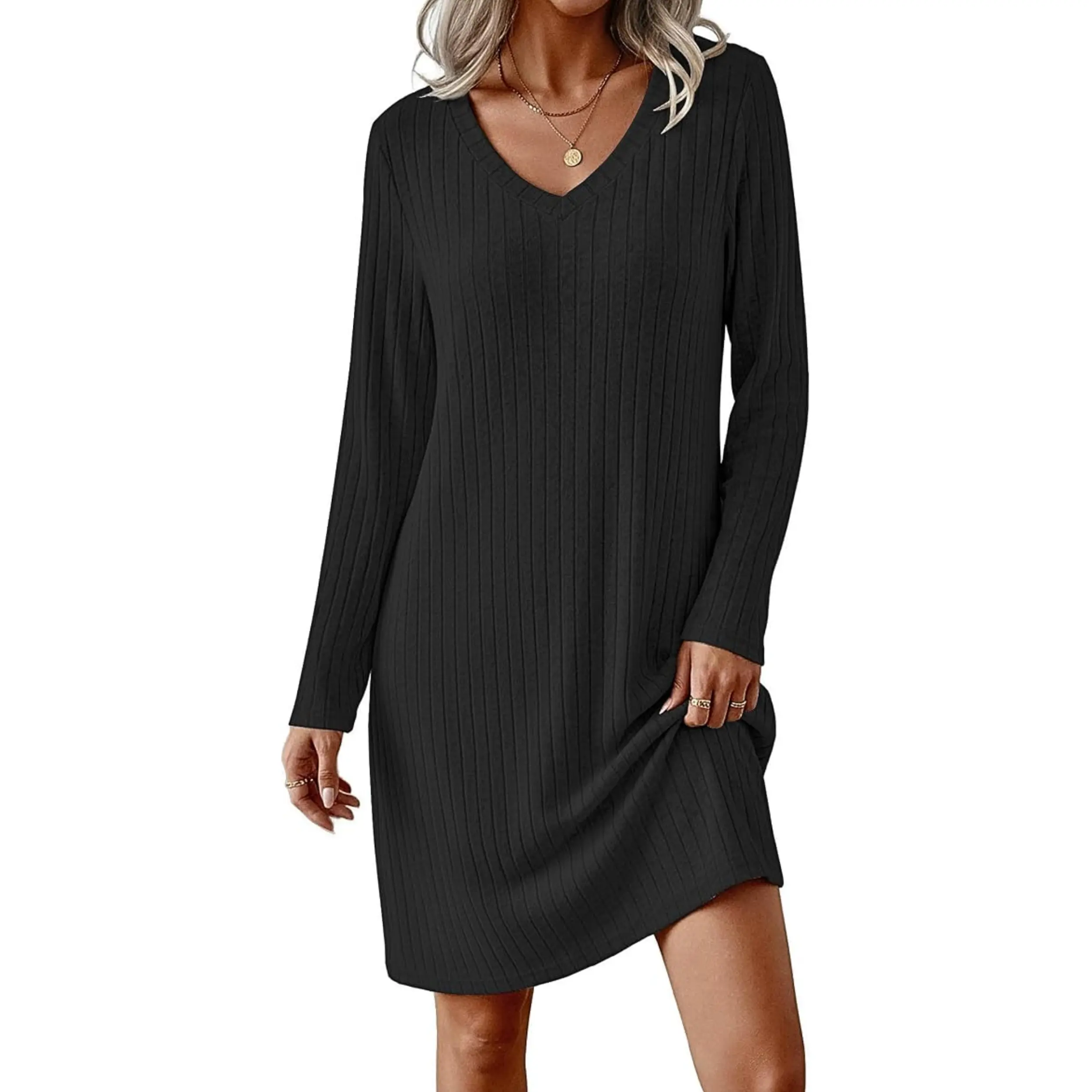 Ekouaer Women's Long Sleeve Nightgown Ribbed Knit V Neck Sleepwear S-3XL | Soft Cozy Stretchy Material Loose Fit Lounge Dress for Casual Time