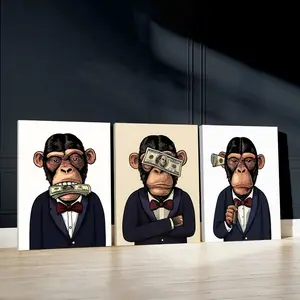 3pcs Funny Monkeys, Comedy Poster, Elegant Art Prints, Decorative Artwork, Rich Lifestyle Home Decor, Modern Wall Paintings, Cozy Canvas Posters Wall Arts, Decor for Living Room, Restaurant, Kitchen, Bedroom, Housewarming Gift, With Frame